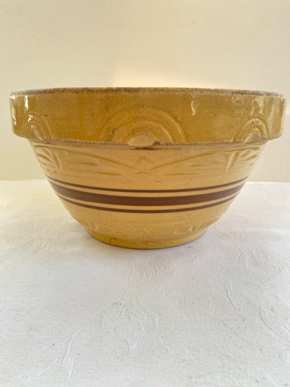 Antique Yellow Ware Sunburst Arch Pattern 10” Mixing Bowl Brown Slip